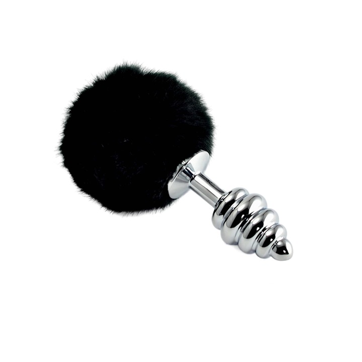Anális játék, LOVETOY, spirális fém, fekete pompon, 8cm