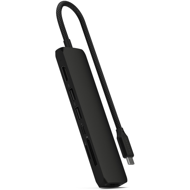 Адаптер Satechi USB-C, многопортов 7-в-1, Ethernet, Slim, Черен