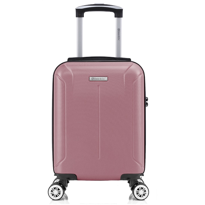 Troler cabina avion Quasar & Co.®, 40x30x20cm, bagaj de mana, troller cu cifru, valiza 4 roti duble detasabile 360°, fermoar antifurt, maner telescopic lung, geamantan din ABS extradur, captuseala buretata, 2 compartimente, buzunar, SMART, Roz pudrat