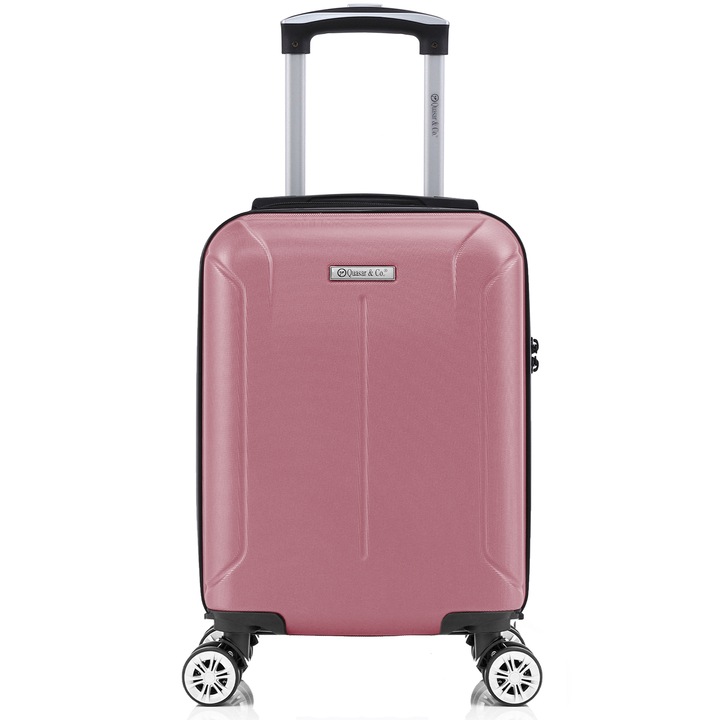 Куфар за ръчен багаж Quasar & Co., модел SMART, 40x30x20 см, ABS 2.8 мм, Защитен цип, Кодово заключване, Телескопична дръжка, 4 двойни безшумни колелца сваляеми, Пътнически куфар за самолет, до 10 кг, Розов прах