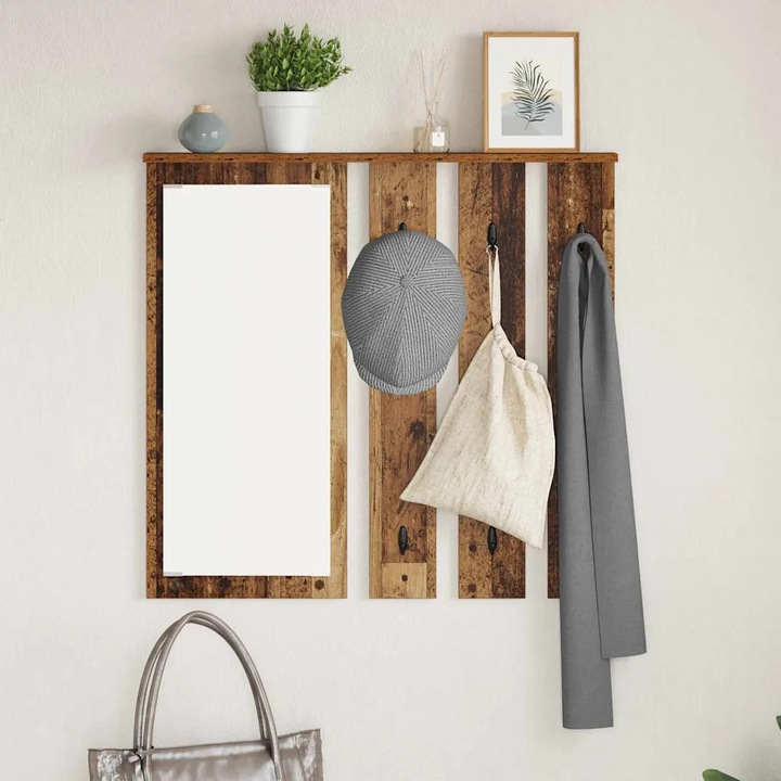 Cuier montat pe perete, VidaXL, cu polca, design minimalist, lemn vechi, capacitate 20 kg