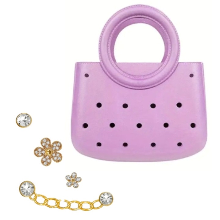 Многофункционална чанта за пазаруване и 4 златни аксесоара, EVA, водоустойчива, перфориран дизайн, фиксирана кръгла дръжка, 26x22x8 см, лилаво-златист цвят