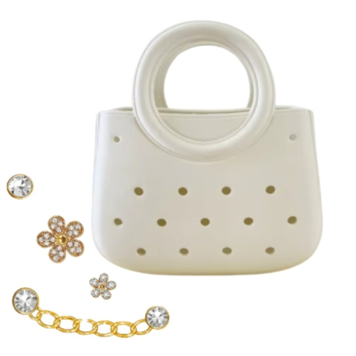 Multifunkcionális bevásárlótáska és 4 arany kiegészítő, EVA, vízálló, perforált kialakítás, fix kerek fogantyú, 26x22x8cm, fehér-arany