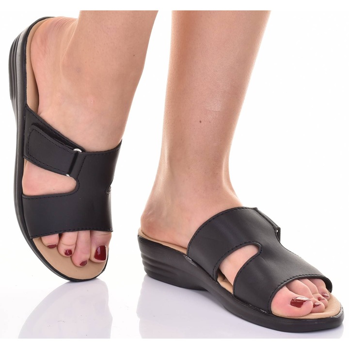 Papuci dama Martinus, platforma, talpa moale, piele ecologica, negru