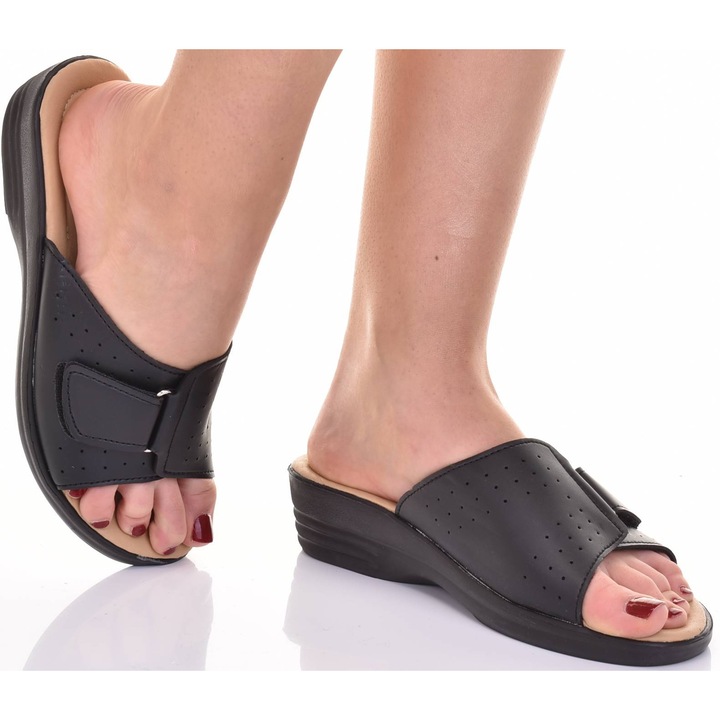 Papuci dama Martinus, cu platforma, talpa moale, piele ecologica, negru