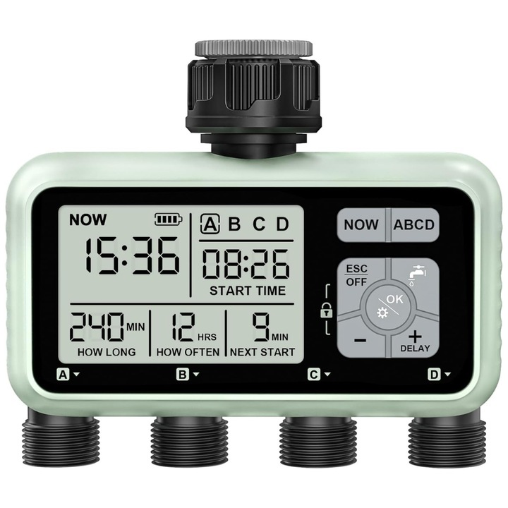 Programator pentru Irigare/Udare, cu 4 Iesiri, Programe de Irigare, Ecran LCD, Rain Delay, Functie de Blocare, Automat sau Manual, Rezistent la Apa IPX5, Accesorii Incluse, Verde/Negru