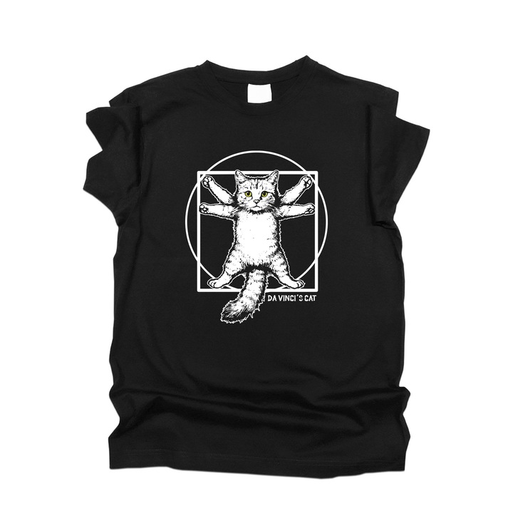 Tricou barbati cu mesaj amuzant, Rebel Icon, Pisica lui Leonardo da Vinci, negru, L