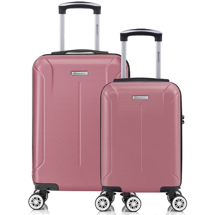 Комплект куфари Quasar & Co. модел SMART, Ръчен багаж, 55x35x20см/40x30x20см, 4 двойни безшумни колела 360° сваляеми, ABS 2.8 мм, Защитен цип, Кодово заключване, Телескопична дръжка, Розов прах