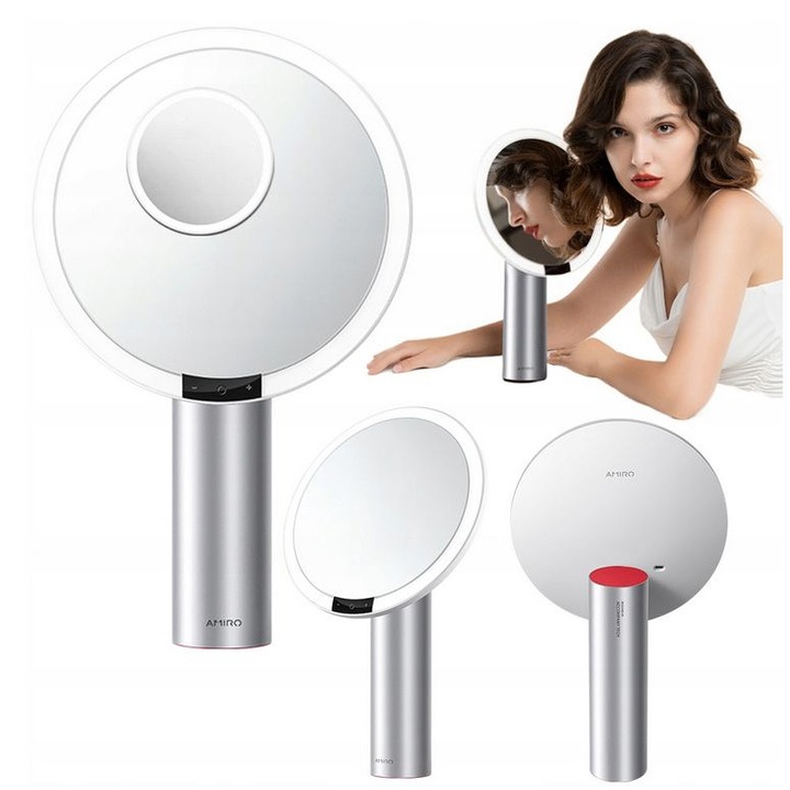 Козметично огледало с LED осветление, Amiro, AMIROAML009MBLACK, 23.5x9x39 см, Черно, Батерия 2200 Mah, 3 режима на осветление, Вграден интелигентен сензор за близост, Стъкло със сребристо покритие, включва малко огледало с 10x увеличение и USB кабел