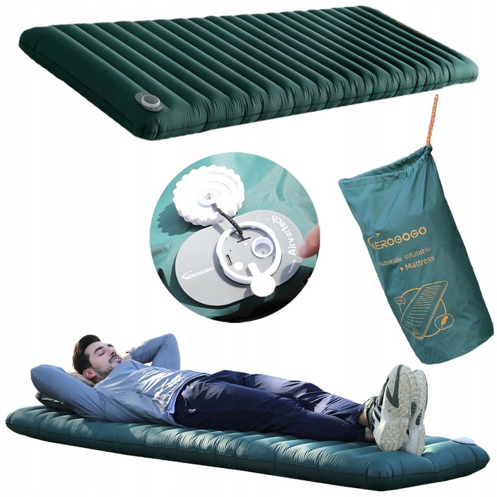 Aerogogo GM2 02 Двоен надуваем матрак с електрическа помпа, GM2 02GREENDOUBLE, 200x140 см, Многоцветен, Водоустойчив IP68, Лека и компактна конструкция, идеален за двама души, гарантиран максимален комфорт