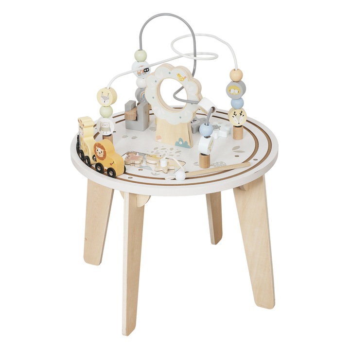 Masa educativa din lemn Mibbi cu labirint si pista masinute, bej, 40x40x54cm