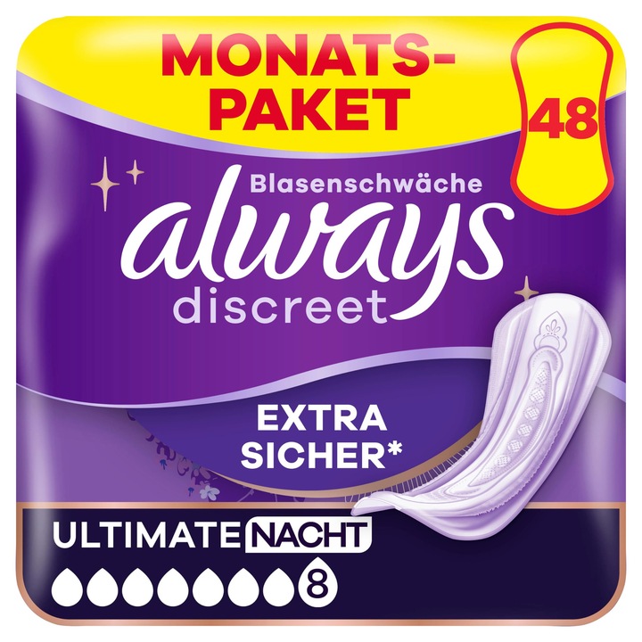 Превръзки за инконтиненция Always Discreet Ultimate Night, комплект от 48 броя, абсорбиращ лист, височина, изключително безопасни, дискретни