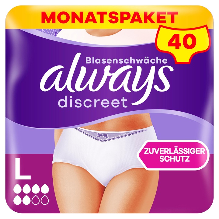 Always Discreet inkontinencia bugyi, L méret, 40 darabos szett, nőknek, közepes nedvszívó képesség