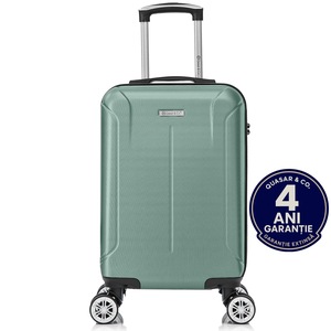 Troler cabina avion Quasar & Co.®, 55x35x20cm, bagaj de mana, troller cu fermoar antifurt, cifru, maner telescopic lung, geamantan cu 4 roti duble silentioase , valiza ABS 2.8 mm, rezistent, 2 compart