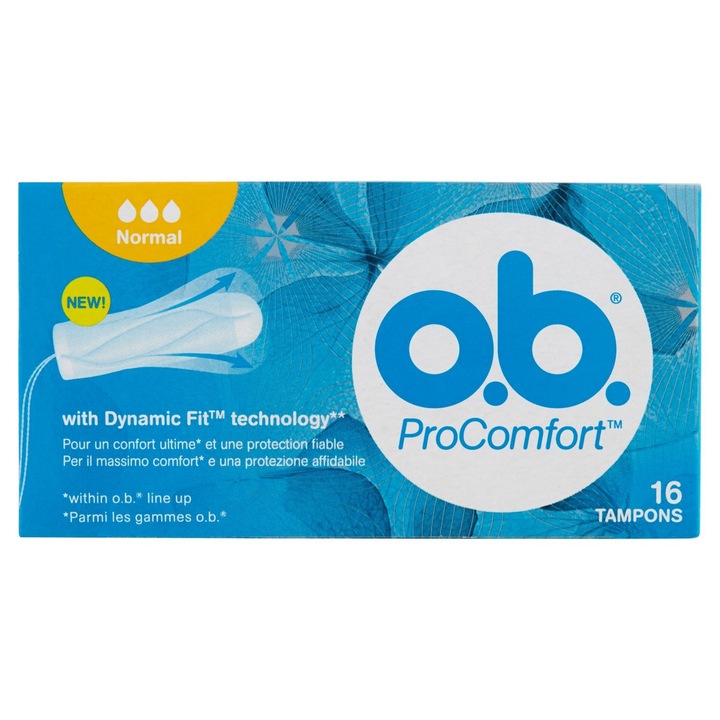 Tampoane O.B. Procomfort, set 16 bucăți, protecție fiabilă, inserție ușoară, textil