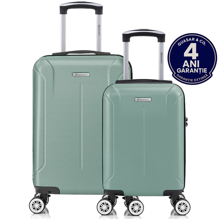 Set 2 trolere cabina, Quasar & Co.®, 40x30x20 cm cu roti detasabile si 55x35x20 cm, bagaj de mana, troller cu fermoar antifurt, cifru, maner telescopic lung, geamantan 4 roti duble 360°, valiza ABS 2.8 mm rezistent, 10kg, Smart, Turcoaz deschis
