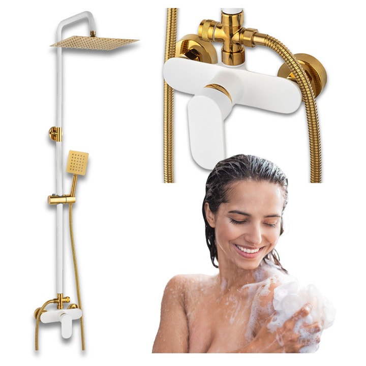 Silla S-1190WG falra szerelhető zuhany szett, csúszó tartóval, fix zuhanyfejjel és kézi zuhanyfejjel, fehér/arany