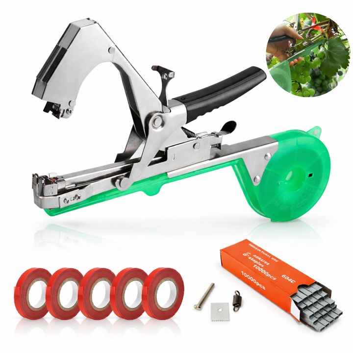 Aparat pentru legarea plantelor Macvi® cu 200 capse si rola de legat, Ideal pentru vie, pomi, legume si flori
