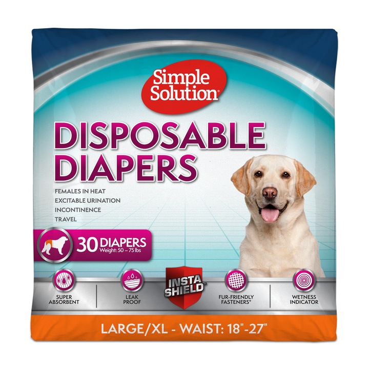 Памперси за женски кучета, Simple Solution, L/XL, 30 броя, супер абсорбиращи, с индикатор за влажност