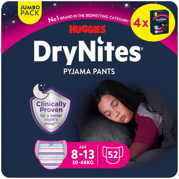 Нощни пелени Huggies Drynites 8-13 години, много абсорбиращи, 52 броя, месечен комплект