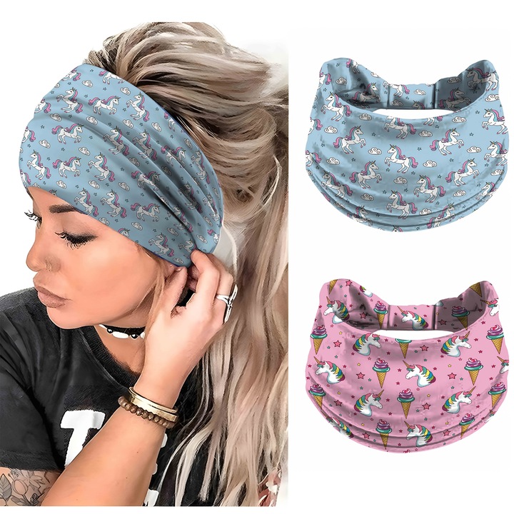 Set de 2 Bandane Boho, DANATI, cu Imprimeu Unicorn, Bumbac/Elastan, pentru fete de peste 10 ani si femei, Albastru. Roz. Multicolor, potrivite pentru protectie solara, look sau treburi casnice, 24 x 14 cm