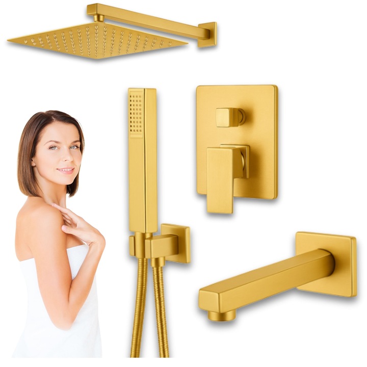 Set baterie dus S-1193G cu para patrata de 25cm, mecanica, montare perete, 3 functii de curgere a apei, smartbox, Auriu