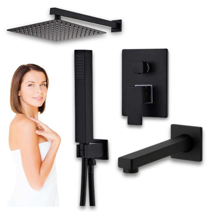 Set baterie dus S-1193B cu para patrata de 25cm, mecanica, montare perete, 3 functii de curgere a apei, smartbox, Negru