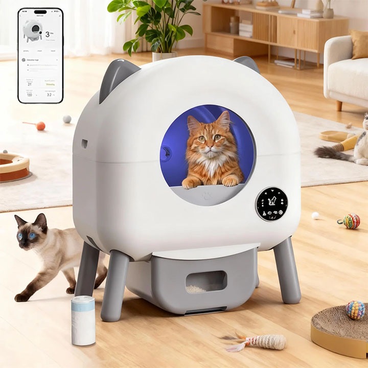 Автоматична интелигентна тоалетна за котки Litiera, MOSMAOO®, контрол чрез мобилно приложение, включени торбички, защита против прищипване