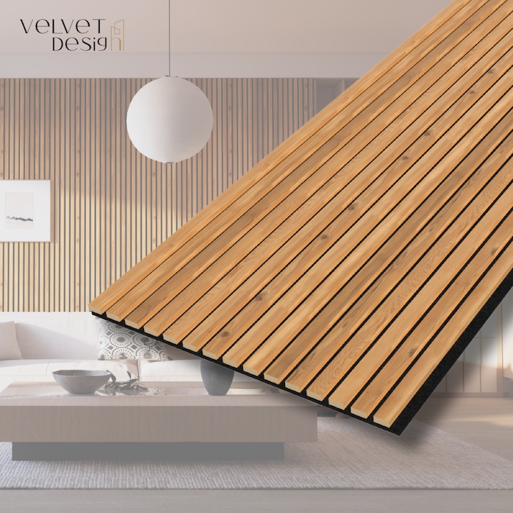 Riflaj decorativ Pro Line, panou acustic din lamele MDF si fetru PET, culoare Stejar Nordic Natur, 2400 x 600 x 21 mm, 1.44 mp suprafata acoperita, atenuare zgomot 80% (NRC 0.8), Velvet Design