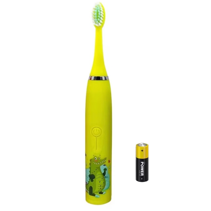 Szónikus elektromos fogkefe, gyerekeknek, 6 fejjel, intelligens időzítővel, vízálló, krokodil alakú, sárga
