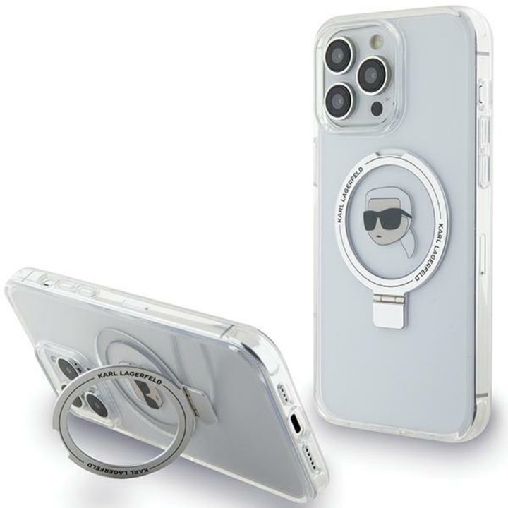 Husa pentru iPhone 15 Pro Max, Karl Lagerfeld, alb, cu Ring Stand si compatibilitate MagSafe, set