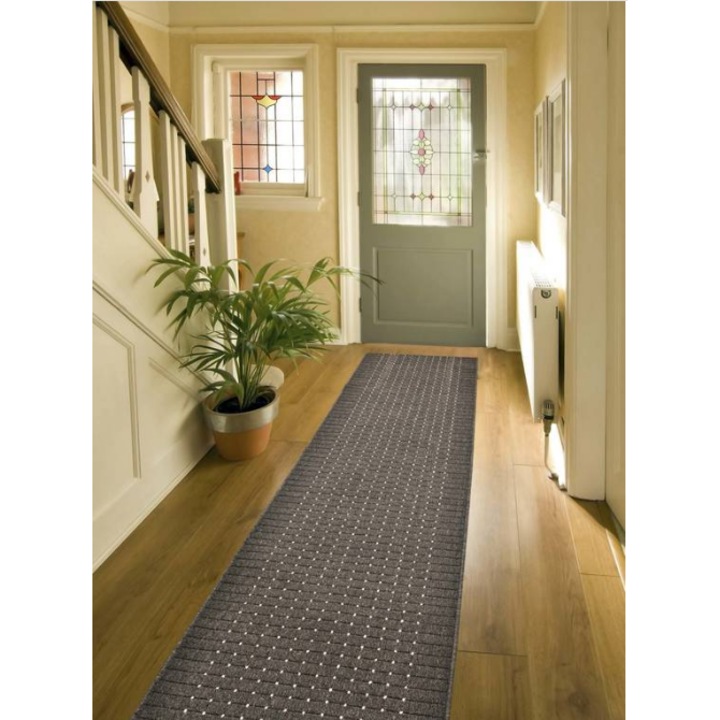 Премиум напречна греда с фестон / ресни, гръцка, модел Covorexpert Stanford Lead Sugar, едноцветен плат, ширина 0.67 м, размер 67 x 400 см, сив, противоплъзгащ, антиалергичен, полипропилен, за кухня, хол