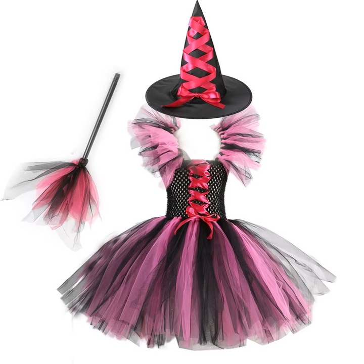 Costum Halloween fete Vrajitoare set cu rochie roz, palarie si matura, 6-7 ani, Funny Party Team