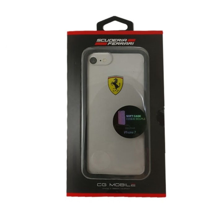 Husa telefon Ferrari Hardcase transparent/negru pentru iPhone 7/8/SE 2020/SE 2022, material TPU/PC, design minimalist