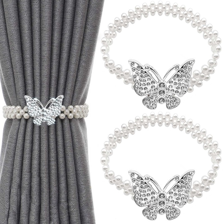 Set 2 legaturi prindere perdele TREXORA, forma fluture, elastic ajustabil 35-75cm, argintiu