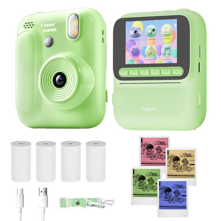 Детска камера Zeguer за моментално снимане, 3000W пиксела, 2.4'' HD екран, 1080P, 8x увеличение, цветен печат + 4 ролки термохартия и връзка за носене, зелена
