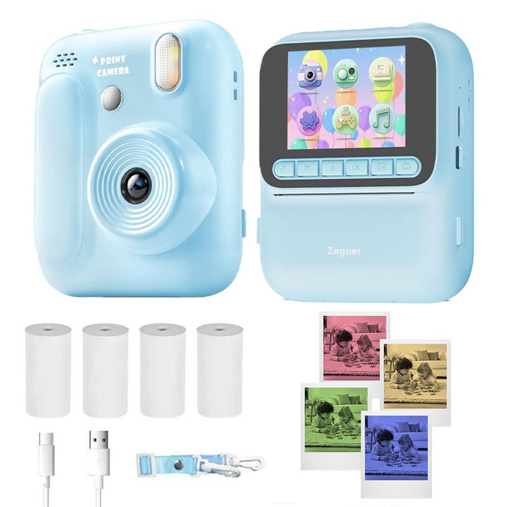 Детска камера Zeguer за моментално снимане, 3000W пиксела, 2.4'' HD екран, 1080P, 8x увеличение, цветен печат + 4 ролки термохартия и връзка за носене, син