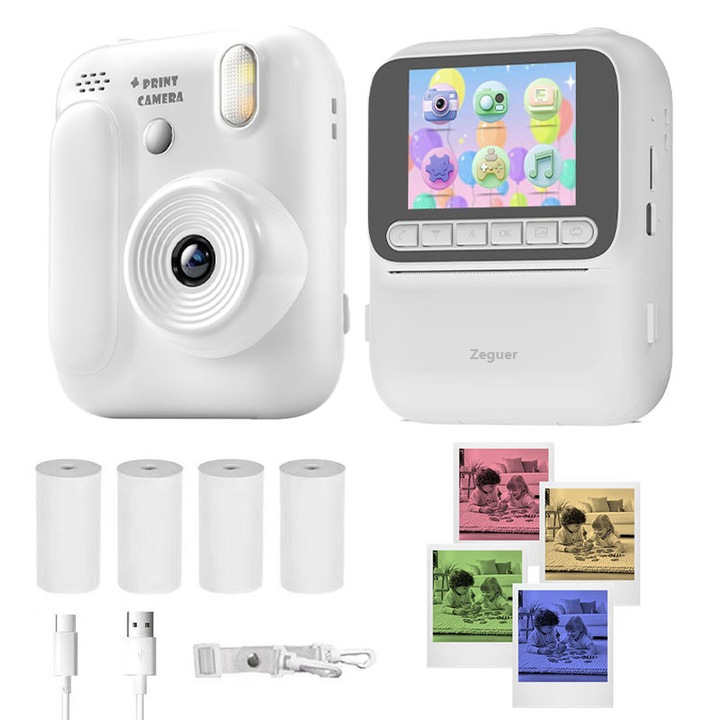 Детска камера Zeguer за моментално снимане, 3000W пиксела, 2.4'' HD екран, 1080P, 8x увеличение, цветен печат, 4 ролки термохартия и връзка, бяла