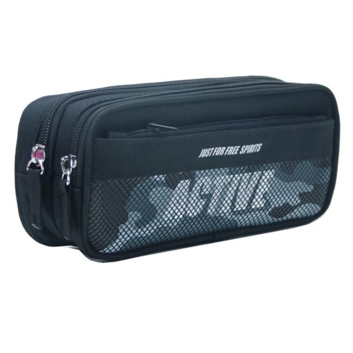 Ученически несесер Active, Три отделения, 22x6x9 см, Черен
