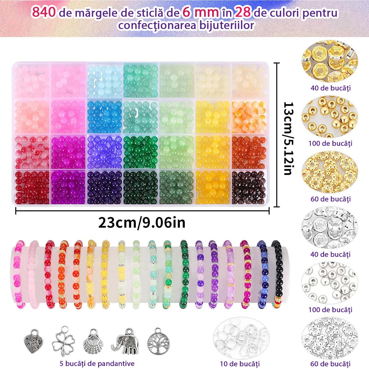 Set de 1245 margele rotunde din sticlă de 6 mm, DUAIU, multicolor ...