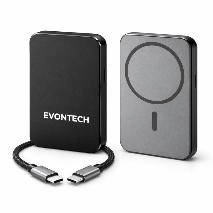 Baterie Externa EVONTECH ®, Wireless, Portabila, Slim, MagSafe, 200 Grame, Neagra, 5000mAh, Fast Charge 20W, 2 in 1 Quick Charge, Cablu USB-C, Incarcare simultana 2 dispozitive