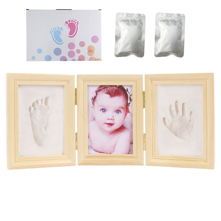Комплект за отпечатък на ръчички и крачета на бебе и фоторамка, Безопасен и Екологичен, Без Токсини, Без Мирис, Възпоменание за Раждане/Навършване на 1 Месец/100 Дни на Бебето, Интериорна Декорация за Дома, 35x15.5x1.8см, естествено дърво