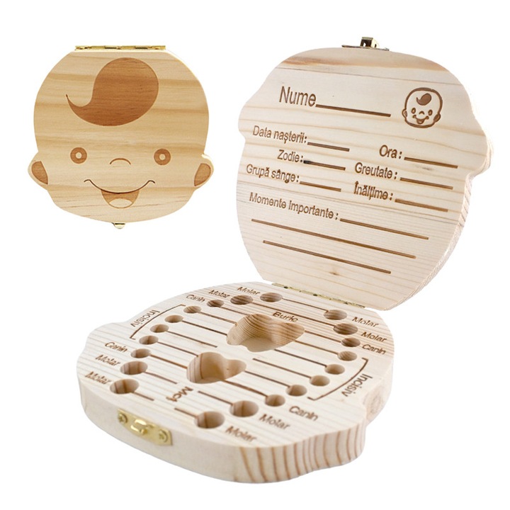 Cutie din lemn tip suvenir pentru a stoca dinte de lapte, parul de nastere si umbilic, 22 gropi, natural si ecologic, potrivit pentru baieti, 12,5×11,5×2,5 cm