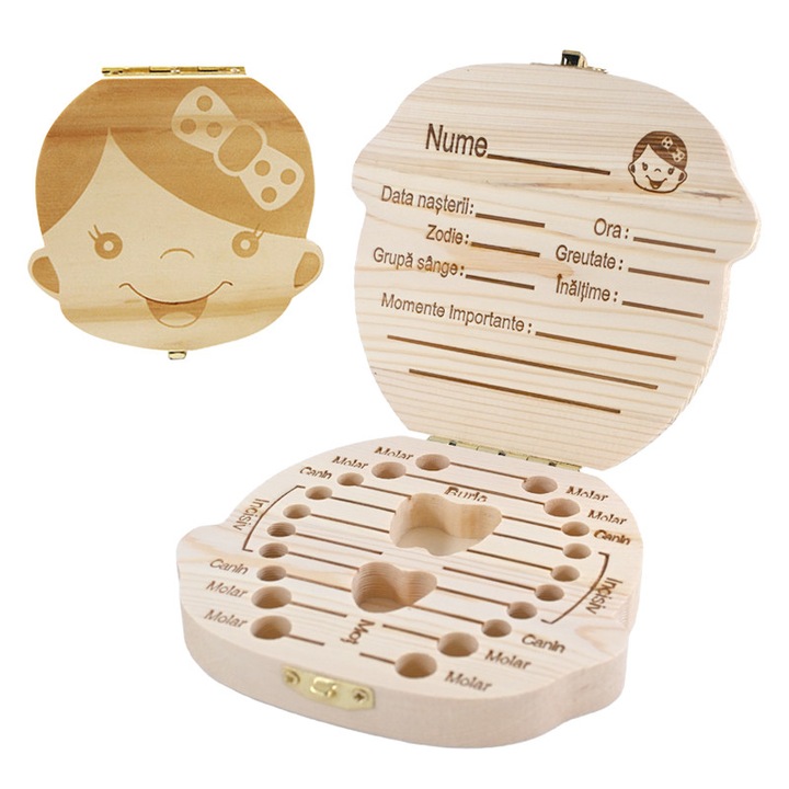 Cutie din lemn tip suvenir pentru a stoca dinte de lapte, parul de nastere si umbilic, 22 gropi, natural si ecologic, potrivit pentru fete, 12,5×11,5×2,5 cm