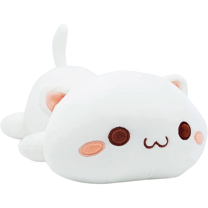 Perna de plus, potrivita pentru decorarea canapelei, pisica alba cu ochi rotunzi, 90 cm, umpluta cu vata, 2,3 kg