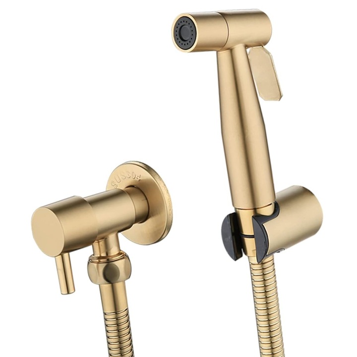 Dus igienic cu robinet incastrat, baterie bideu si Wc, cu o singura intrare, apa rece, auriu nichelat, Include furtun rezistent la explozie, Rezistent la rugina, Presiune a apei reglabila, Design anti-scurgere, Instalare simpla