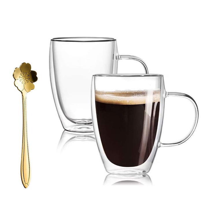 2 db duplafalú pohár szett, kanállal együtt, 350 ml, hőálló boroszilikát üveg, átlátszó