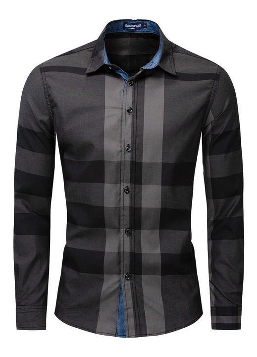 Camasa barbati FREDD MARSHALL, cu maneci lungi, 100% bumbac, design carouri, neagra, marimea XXL