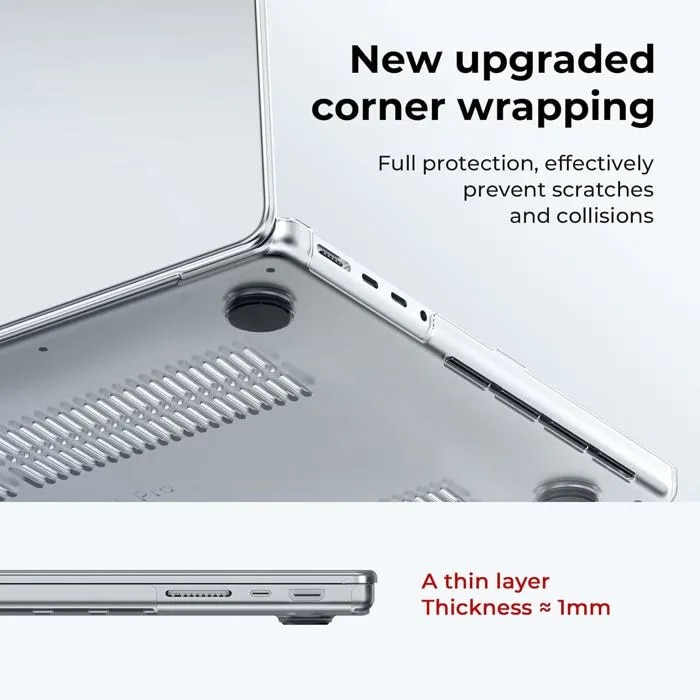 Husa de protectie compatibila cu MacBook Pro 14 inch modele din 2021 pana in 2024 (Pro si Max), inclusiv M4, M3, M2 si M1. Include folie de protectie pentru ecran si husa pentru tastatura, material transparent