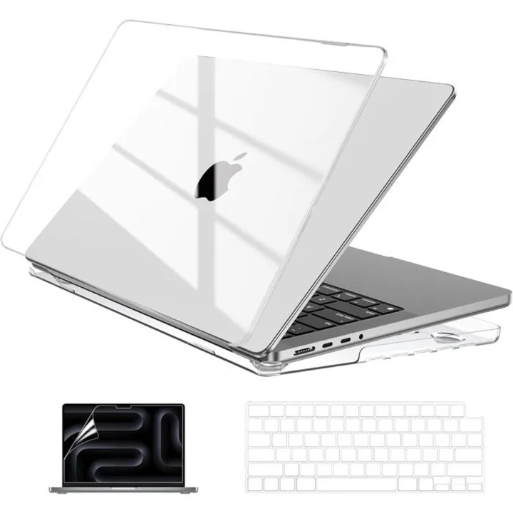 Husa de protectie compatibila cu MacBook Pro 14 inch modele din 2021 pana in 2024 (Pro si Max), inclusiv M4, M3, M2 si M1. Include folie de protectie pentru ecran si husa pentru tastatura, material transparent